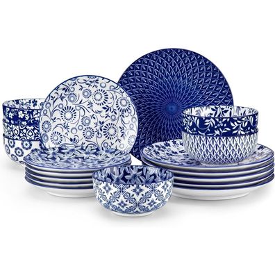 vancasso SELENE 18-teiliges Geschirrset für 6 Personen, Keramik, Blau-Weiß