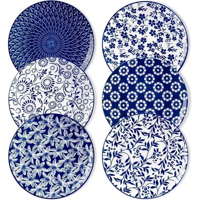 vancasso SELENE Dessertteller 6er Set, 21 cm Porzellan Kuchenteller, Blau-Weiß