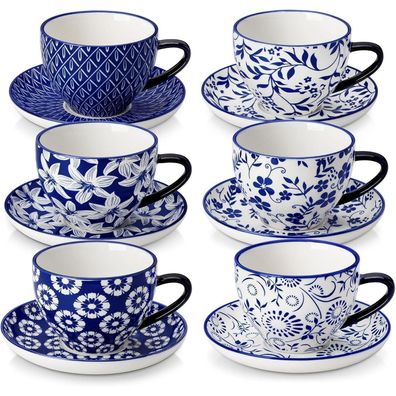 vancasso SELENE Cappuccino Tassen mit Untertassen 6er Set, 240ml Kaffeetassen