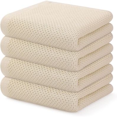 BW&HM Geschirrtücher 4er Set aus 100% Baumwolle, Waffelgewebe, 33x74 cm, Beige