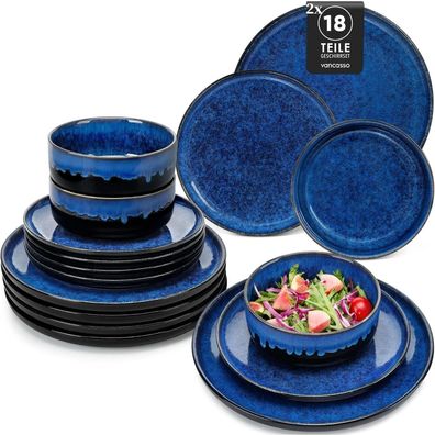 vancasso STARRY 36-teiliges Geschirrset für 12 Personen aus Steingut, blau