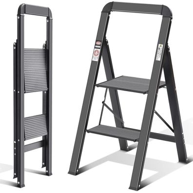 Kingrack Aluminium Trittleiter 2 Stufen klappbar mit Handlauf, rutschfest, bis