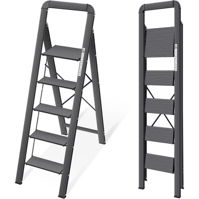 Kingrack 5-Stufen Stufenleiter mit Handlauf, klappbar, rutschfest, Aluminium