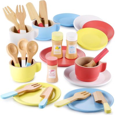 GAGAKU Geschirrset aus Holz - 27 Teiliges Spielküche Zubehör für Kinder, Teeset