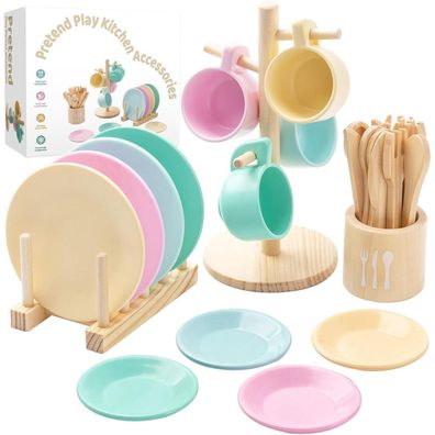 GAGAKU Holzspielzeug Kinderküche Geschirr Set - 27-teiliges Teeservice aus Holz
