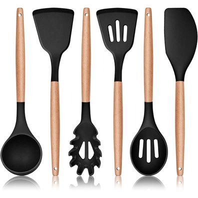 Herogo Küchenhelfer Set, 6-teiliges Silikon Kochbesteck mit Holzgriff