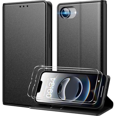 Peakally iPhone 16e Klapphülle aus Premium PU Leder mit 2x Panzerglas