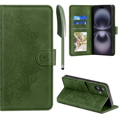 EASDNB Lederhülle für iPhone 16 (6.1 Zoll), Grasgrün - Flip Wallet Case mit