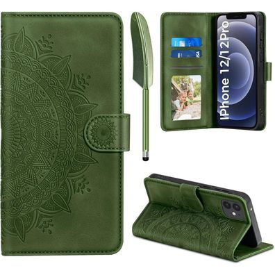EASDNB Handyhülle für iPhone 12/12 Pro (6.1 Zoll), Grasgrün - Leder Flip Case
