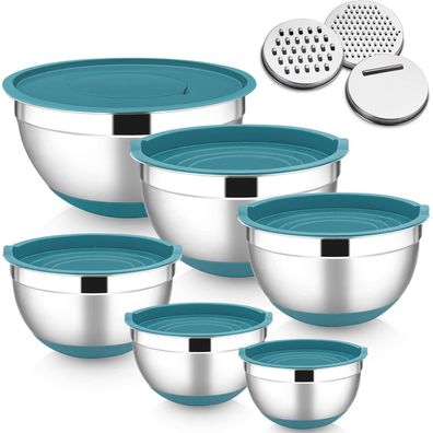 HaWare Rührschüssel Set 6er Edelstahl mit Deckel & Reibenaufsätzen