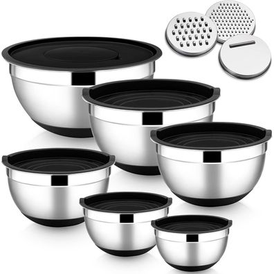 HaWare Rührschüssel Set 6er Edelstahl mit Deckel & Reibenaufsätzen