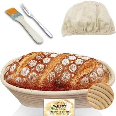 Walfos Gärkorb Oval Banneton für Brotbacken Set mit Pinsel, Brot Gabel und