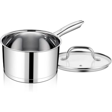 Teamfar Stielkasserolle Edelstahl 2,8L Induktion mit 3-Lagen Boden, Glasdeckel