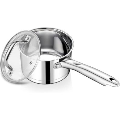 Teamfar Stielkasserolle 14cm Edelstahl Milchtopf mit Glasdeckel, 0,9L Induktion