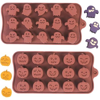 2er Set Halloween Silikonformen mit 15 Mulden für Kürbis und Geister - Ideal