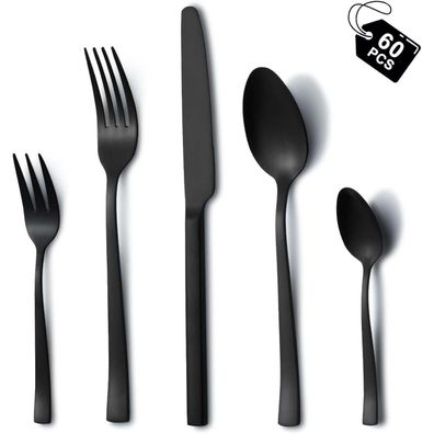 Hunnycook 60-teiliges Besteckset für 12 Personen, Edelstahl, Schwarz