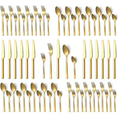 Hunnycook 60-teiliges Besteck Set Gold matt für 12 Personen, Edelstahl
