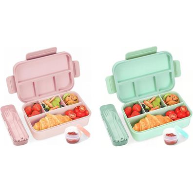 Bugucat Bento Box Kinder Lunchbox mit 4 Fächern, 1300 ML, 2er Set (Rosa/Grün)