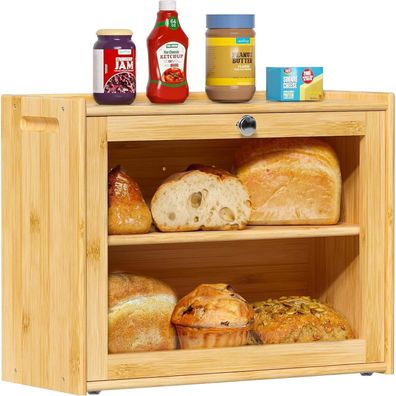 Exabang Brotkasten aus Bambus mit 2 Regalen und großem Sichtfenster