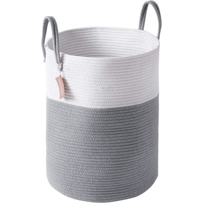Youdenova Geflochtener Wäschekorb aus Baumwolle, Weiß & Grau, 38cm(D)x50cm(H)