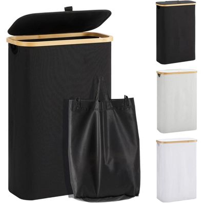 Youdenova Wäschekorb mit Deckel, 48L, schmal, faltbar, Bambus, Schwarz