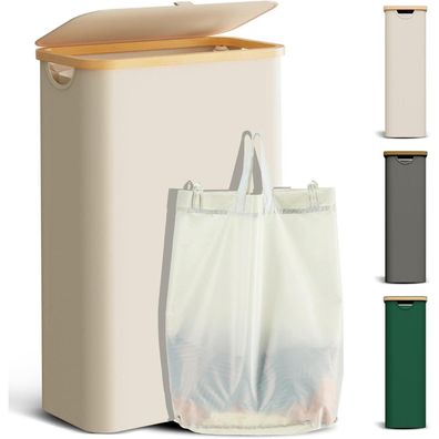 Youdenova Wäschekorb mit Deckel, 48L, schmal, faltbar, aus Bambus und Stoff