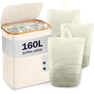Youdenova Wäschekorb mit Deckel, 3 Fächer, 160L, faltbar, Bambus, Beige