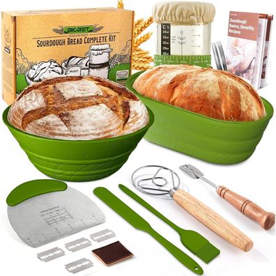 BICRET Sauerteig Starterset: 2x Silikon Gärkörbchen (1000ml), Gärglas, Spatel