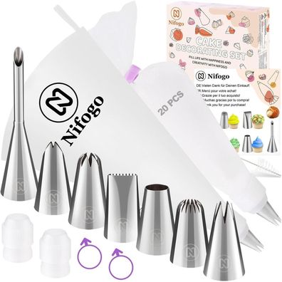 Nifogo Spritzbeutel Set mit 7 großen Edelstahl Tüllen, 35cm Baumwollbeutel, 33