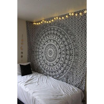 Rajrang Mandala Wandteppich Schwarz Weiß 213 x 137 cm Baumwolle Boho Wandbehang