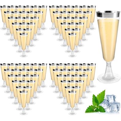 Akolafe 100 Stück Sektgläser 160ml BPA-Frei Mehrweg Transparent mit Silbernem