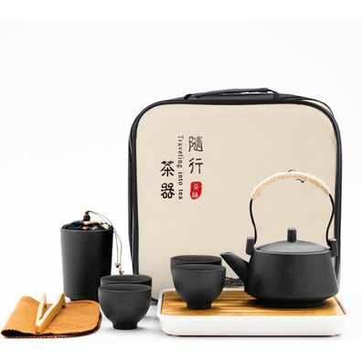 fanquare Tragbares Reise Tee Set aus schwarzem Porzellan mit Reisetasche, Mini