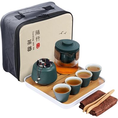 fanquare Tragbares Reise Tee Set aus Porzellan, Dunkelgrün, 360ml Teekanne