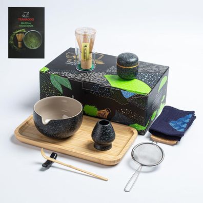 Teanagoo Matcha Tee Set mit 10 Teilen, Keramikschale mit Ausgießer, Bambus