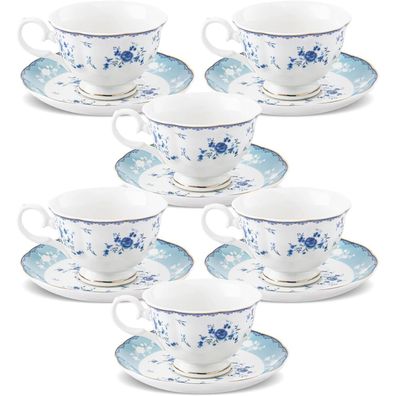 fanquare Blaues Blumenmuster Teetassen- und Untertassen-Set, 6-teilig, elegant