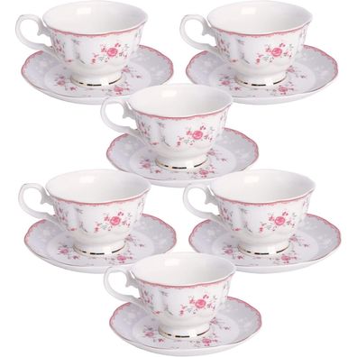 fanquare Rosa Rose Blumenset: 6 Teetassen & Untertassen, Britisches Vintage