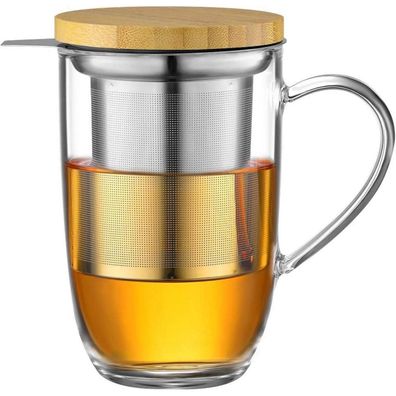 ecooe Borosilikat Glas Teetasse 440ml mit Edelstahlsieb und Bambusdeckel