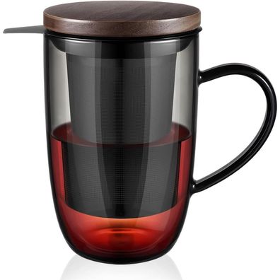 ecooe 440 ml Schwarze Teetasse aus Borosilikatglas mit Edelstahlsieb und