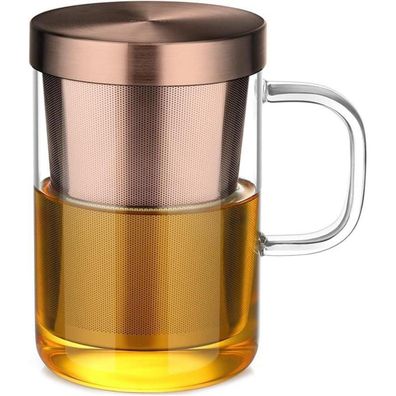 ecooe Borosilikat Glas Teetasse mit Bronze Edelstahl Sieb und Deckel, 500 ml