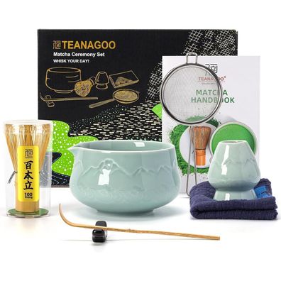 Teanagoo Matcha-Set 7-teilig, Seladon-Blau: Bambusbesen, Schaufel, Schale mit