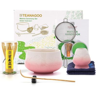 Teanagoo 7-teiliges Matcha Set Rosa mit Schale mit Ausgießer, Bambusbesen und