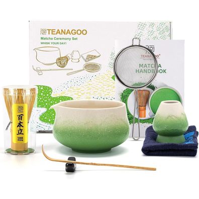 Teanagoo 7-teiliges Matcha Set Grün mit Schale mit Ausgießer, Bambusbesen und