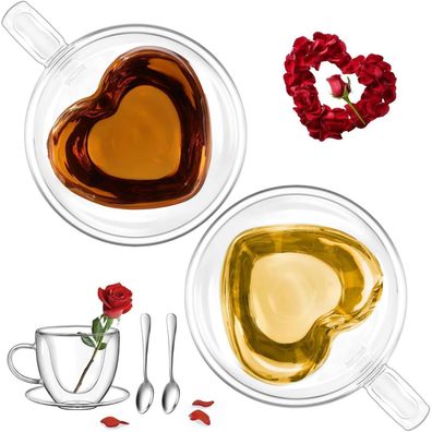 glastal 150ml Doppelwandige Espressotassen 2er Set mit Henkel und Untertasse