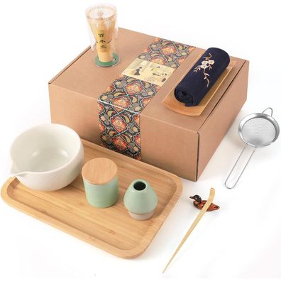 Artcome Japanisches Matcha-Teeset mit Schüssel mit Ausgießer, Teetablett