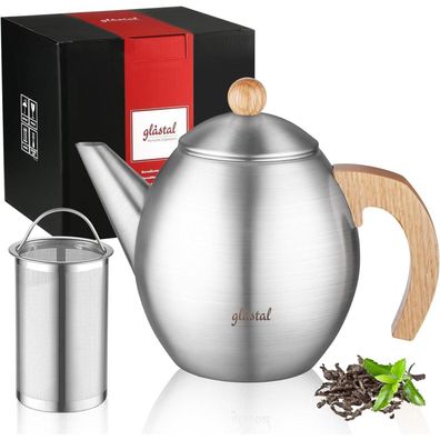 glastal Silberne Teekanne aus Edelstahl 1200ml mit 18/8 Edelstahl Teesieb