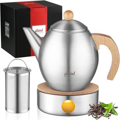 glastal 1200ml Silberne Teekanne aus Edelstahl mit Stövchen und Teewärmer