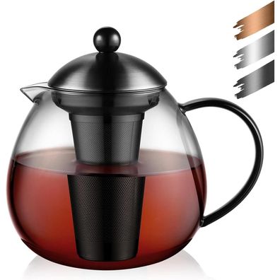 glastal Glas Teekanne 1500ml mit Edelstahl Teesieb, Schwarz, Borosilikatglas