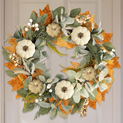 Benjia 45cm Herbstkranz mit Ahornblättern und weißen Kürbissen für Tür und
