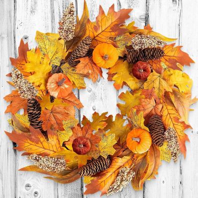 Benjia 45cm Herbstkranz für Haustür mit Samt Kürbissen, Tannenzapfen und Beeren