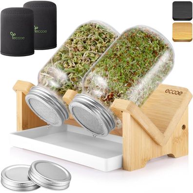 ecooe Sprossen Keimglas 2er Set (2x 750 ml) mit Bambushalterung